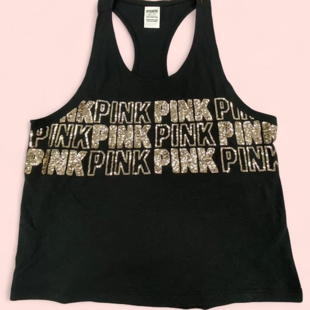 Victoria's Secret PINK black tank top with gold glitter "PINK" letters